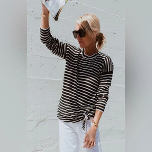 White + Warren Striped Knotted Linen Sweater  in Black & White